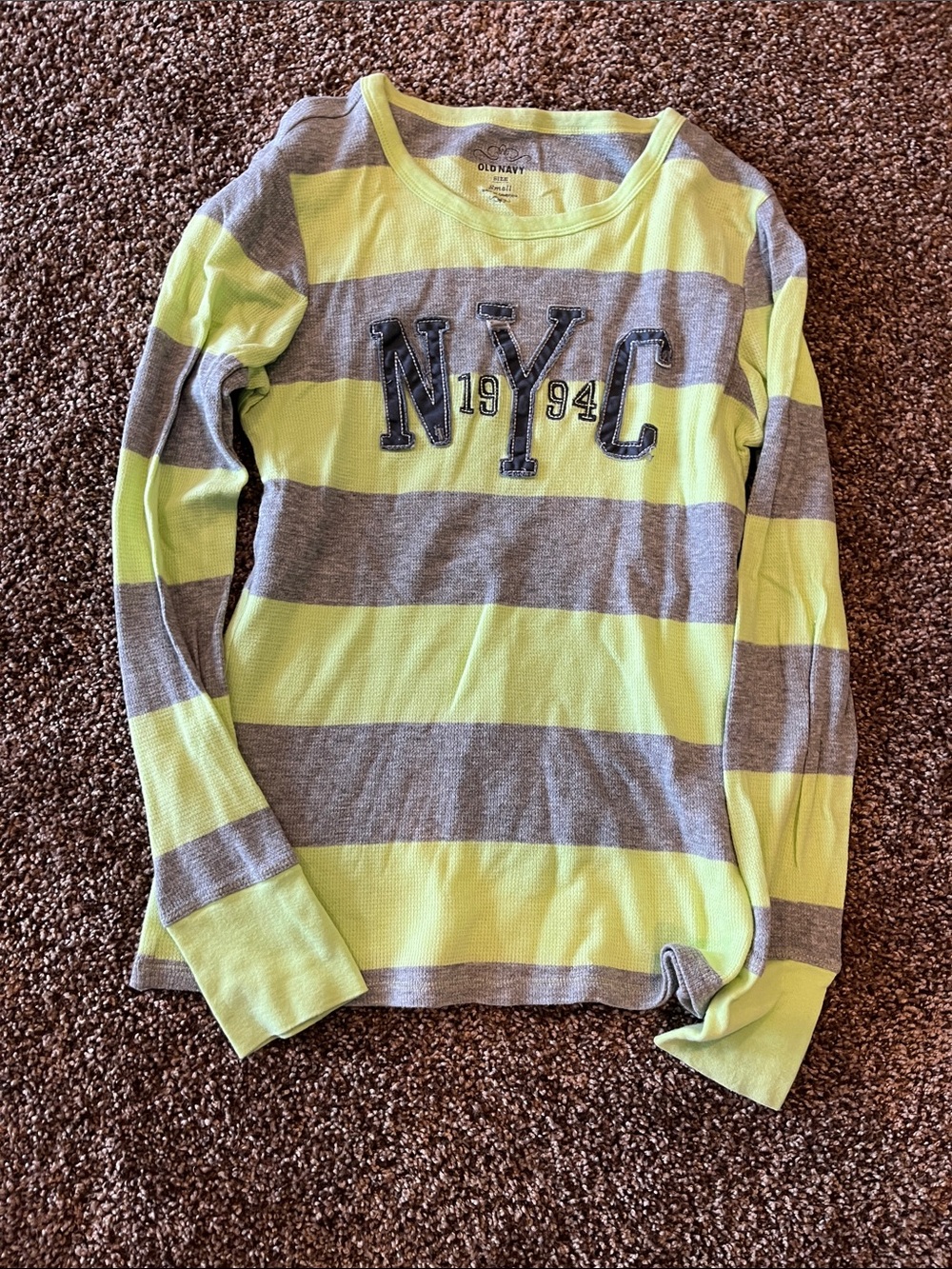 Old Navy Green & Gray Striped Long-Sleeve Tee with NYC Patch